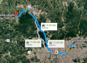 mapa de vista superior com rota do armazém logint para aeroporto de Guarulhos